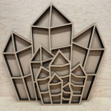 Load image into Gallery viewer, Both laser cut crystal shelves in each size; small and large, stood upright. The smaller is in front of the larger.
