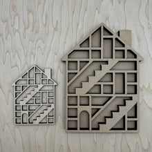 Load image into Gallery viewer, Two laser cut house shaped type setter style trays. The smaller cut in maple ply and the medium cut in MDF.