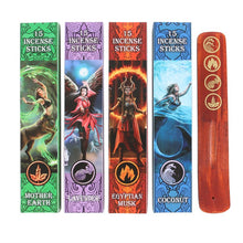 Load image into Gallery viewer, Individual packaging of the Elemental Incense collection featuring artwork with fantasy characters and elements, with labels for each incense scent and element, including Earth, Air, Fire, and Water. Including the incense catcher. On a white background.