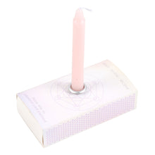 Load image into Gallery viewer, Pink candle held in its matchbox style box that has a metal candle holder on its reverse. Item on a white background.
