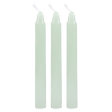 Load image into Gallery viewer, Three pale mint green taper candles with white wicks, arranged vertically side-by-side on a plain white background.