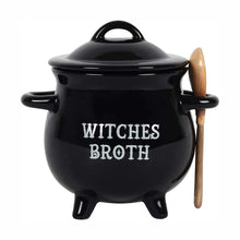 Load image into Gallery viewer, Black cauldron-shaped bowl with with a lid. On it's front, 'Witches Broth' is written in white text. It comes with a wooden spoon. Displayed on a white background.