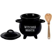 Load image into Gallery viewer, Black cauldron-shaped bowl with with a lid. On it's front, 'Witches Broth' is written in white text. It comes with a wooden spoon. Displayed on a white background.