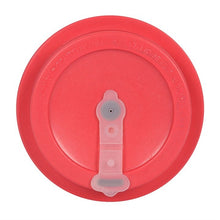 Load image into Gallery viewer, A red silicone lid to an thermos not pictured. A semi-clear silicone lid cover pivots from the centre.