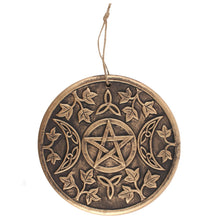 Load image into Gallery viewer, A terracotta plaque with a Pagan Triple moon design. The crescent moons have a Celtic knot design and the full moon features a pentagram inside. Above and below the moons are a triple knot pattern and vine leaves surround these designs in the gaps. The plaques have a copper effect and string loop for hanging.