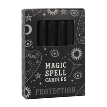 Load image into Gallery viewer, A pack of 12 black Magic Spell Candles in a black cardboard box with a witch themed pattern and the word "Protection" at the bottom. The black candles can be seen in a cut out window in the packaging. Item on a white background.