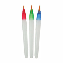 Load image into Gallery viewer, Three watercolour paint brushes in a with their lids removed. Their brush type is a round pointed brush in three sizes; small, medium, and large.
