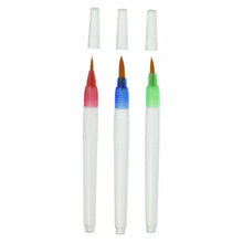 Load image into Gallery viewer, Three watercolour paint brushes in a with their lids removed. Their brush type is a round pointed brush in three sizes; small, medium, and large.
