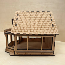 Load image into Gallery viewer, Wooden model of a bookshop in side profile. Open windows to see inside.
