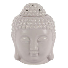 Load image into Gallery viewer, A small grey ceramic oil burner shaped like a Buddha head. Item on a white background.
