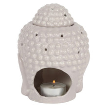Load image into Gallery viewer, The back of small grey ceramic oil burner shaped like a Buddha head A space at the bottom is open to place a tea light inside to melt the oil. On a white background.
