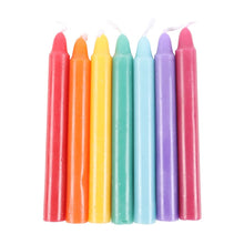 Load image into Gallery viewer, Set of colourful candles in a rainbow sequence on a white background. Used as Chakra Candles.
