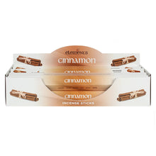 Load image into Gallery viewer, A box of Elements brand Cinnamon fragranced incense sticks. The packaging is predominantly white and green, with leaf illustrations of the scent on the sides.
