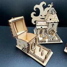 Load image into Gallery viewer, A laser cut Mausoleum model with its roof open to show that small items like sweets can be stored insde. A halloween church model is behind it.
