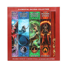 Load image into Gallery viewer, Packaging of the Elemental Incense collection featuring artwork with fantasy characters and elements, with labels for each incense scent and element, including Earth, Air, Fire, and Water. Set on a white background.
