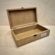 Load image into Gallery viewer, An opened rectangular MDF jewellery box with a small black metal clasp, a hinged bevelled lid and a white barcode label, set on a light wood grain surface.
