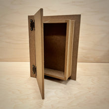 Load image into Gallery viewer, An opened blank book shaped MDF box with working metal hinges to decorate and store things inside.

