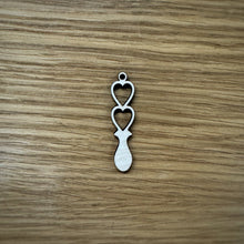 Load image into Gallery viewer, A single laser cut mini love spoon. The spoon has two heart cut outs and a loop hole at the top.
