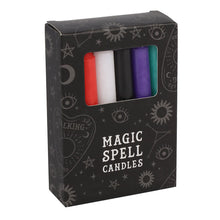 Load image into Gallery viewer, A pack of 12 spell candles in various colours in a black cardboard box with grey witchy patterns and "Magic Spell Candles" on the front. Item on a white background.
