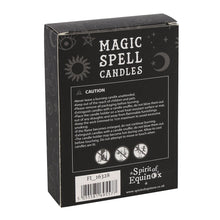 Load image into Gallery viewer, The back of a box of magic spell candles with white text reading "Magic Spell Candles", "Spirit of Equinox", a barcode and a warning label. Item on a white background.

