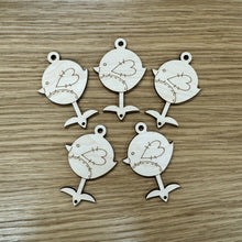 Load image into Gallery viewer, Five wooden laser cut robin shaped tags with a stitching style pattern engraved on them. They have a loop hole at the top of the robin and a small hole at the bottom on the foot.
