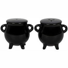 Load image into Gallery viewer, Two black cauldron-shaped salt and pepper shakers on a white background
