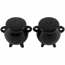 Load image into Gallery viewer, Two black ceramic salt and pepper shakers on a white background
