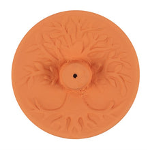 Load image into Gallery viewer, A terracotta incense stick holder with an embossed tree of life design.

