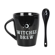 Load image into Gallery viewer, Black mug with 'Witches Brew' text and matching spoon on a white background
