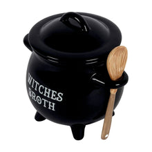 Load image into Gallery viewer, Black cauldron-shaped bowl with with a lid. On it's front, 'Witches Broth' is written in white text. It comes with a wooden spoon resting in one of the bowl's handles. Displayed on a white background.
