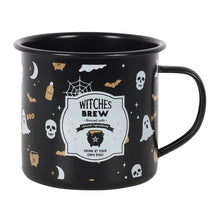 Load image into Gallery viewer, Black enamel mug with Halloween-themed design and 'Witches Brew' text on a white background.
