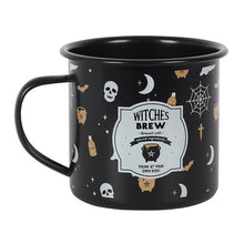Load image into Gallery viewer, Black enamel mug with Halloween-themed design and 'Witches Brew' text on a white background.
